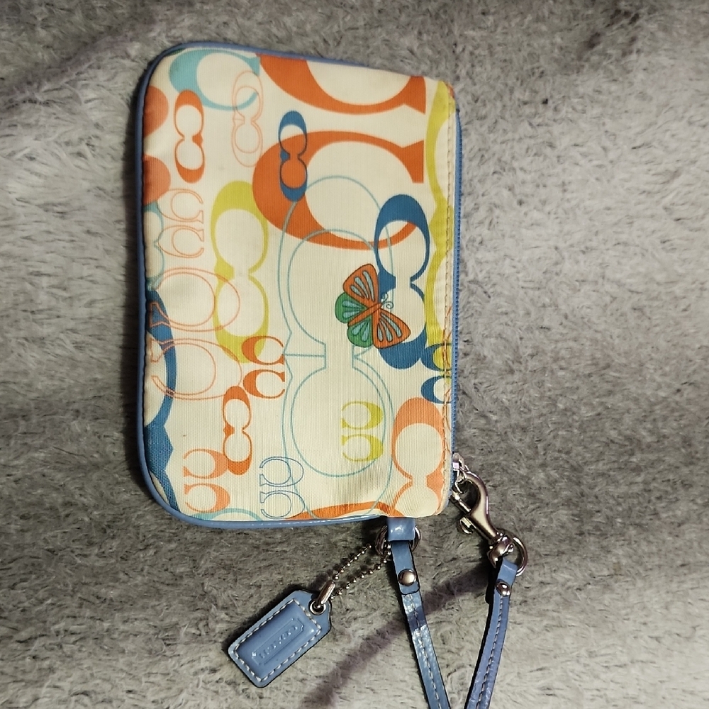 Coach Blue and Orange Wristlet with Signature Pattern